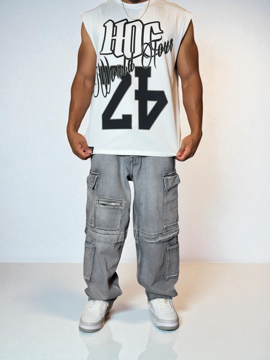 “World Tour” Sleeveless Tee – White